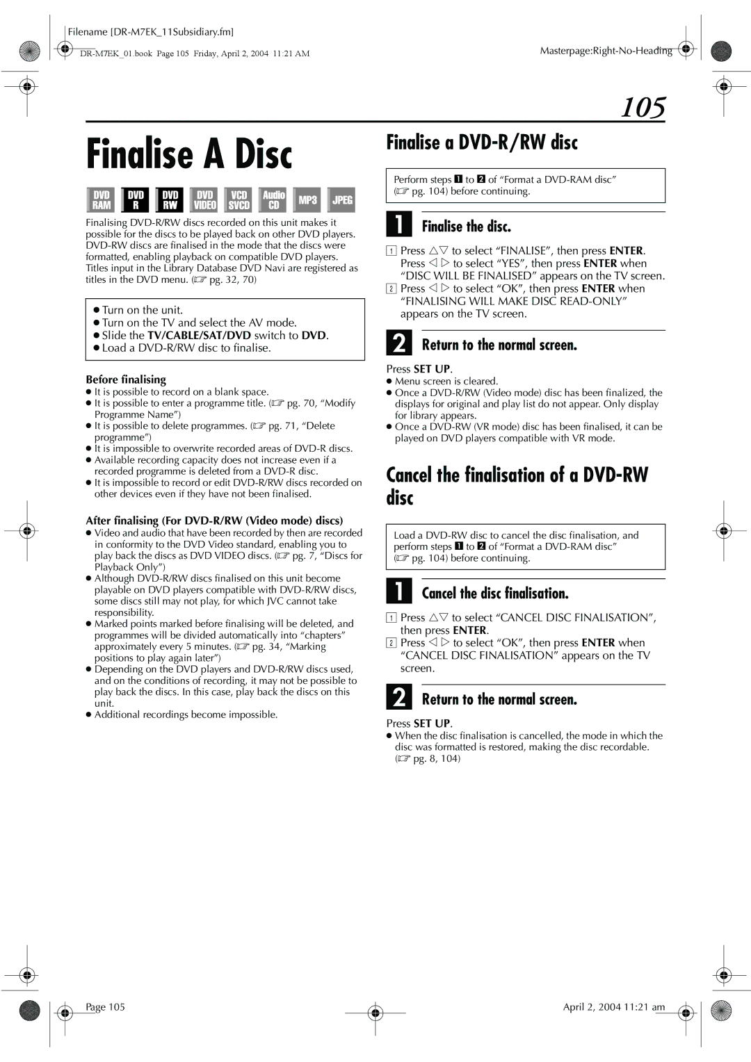 JVC DR-M7S manual Finalise a Disc, 105, Finalise a DVD-R/RW disc, Cancel the finalisation of a DVD-RW disc 