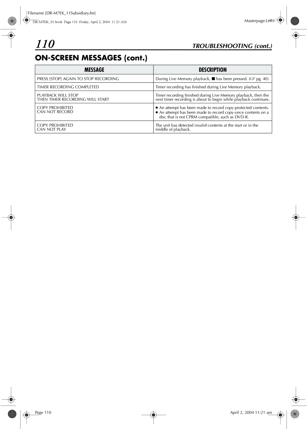 JVC DR-M7S manual 110 