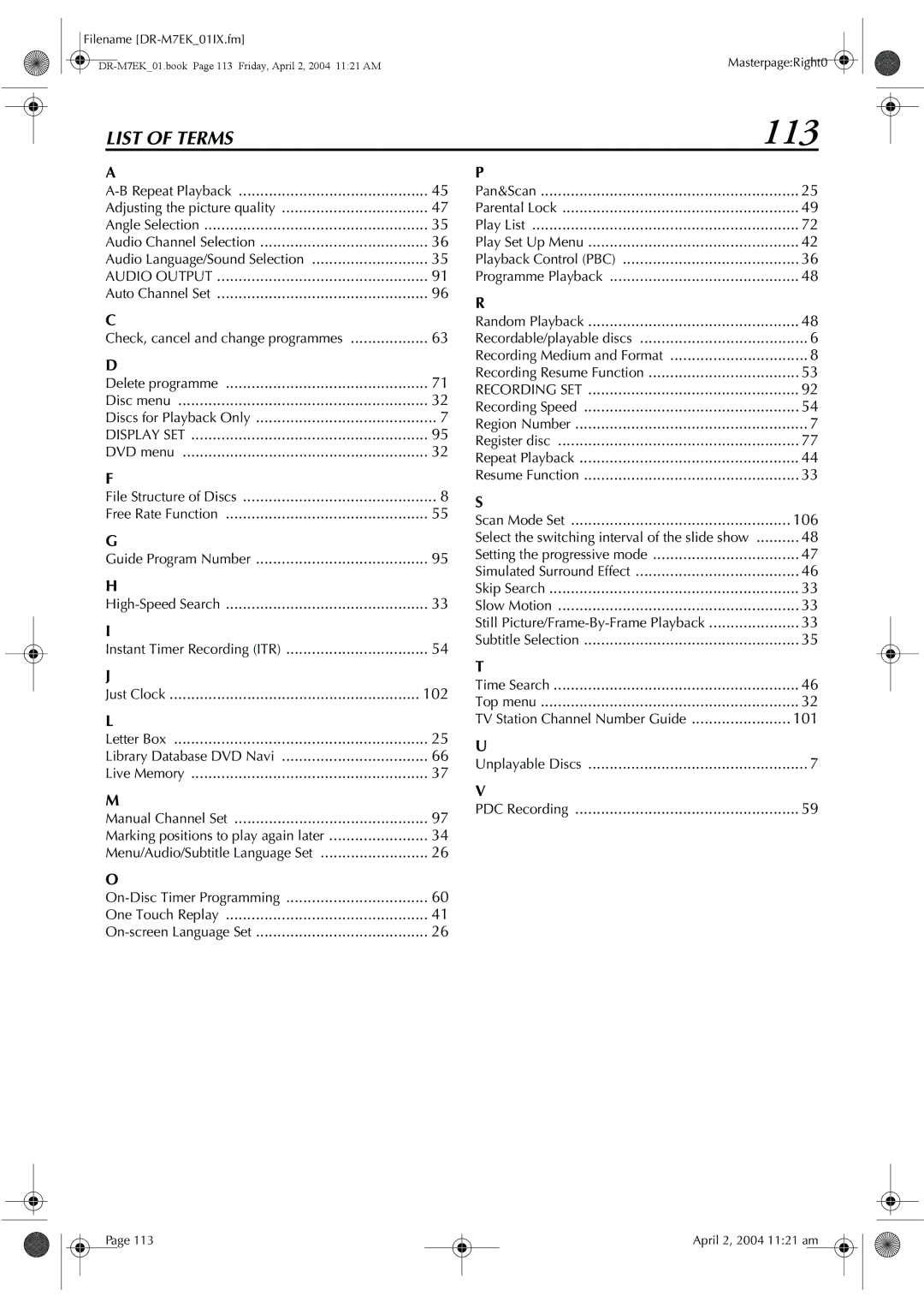 JVC DR-M7S manual 113, Playback Control PBC, Programme Playback Auto Channel Set, Subtitle Selection Time Search Top menu 