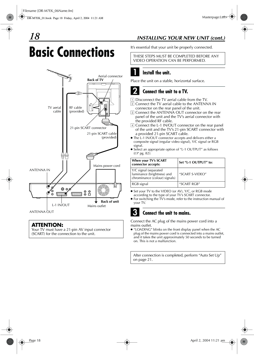 JVC DR-M7S manual Install the unit, Connect the unit to a TV, Connect the unit to mains 