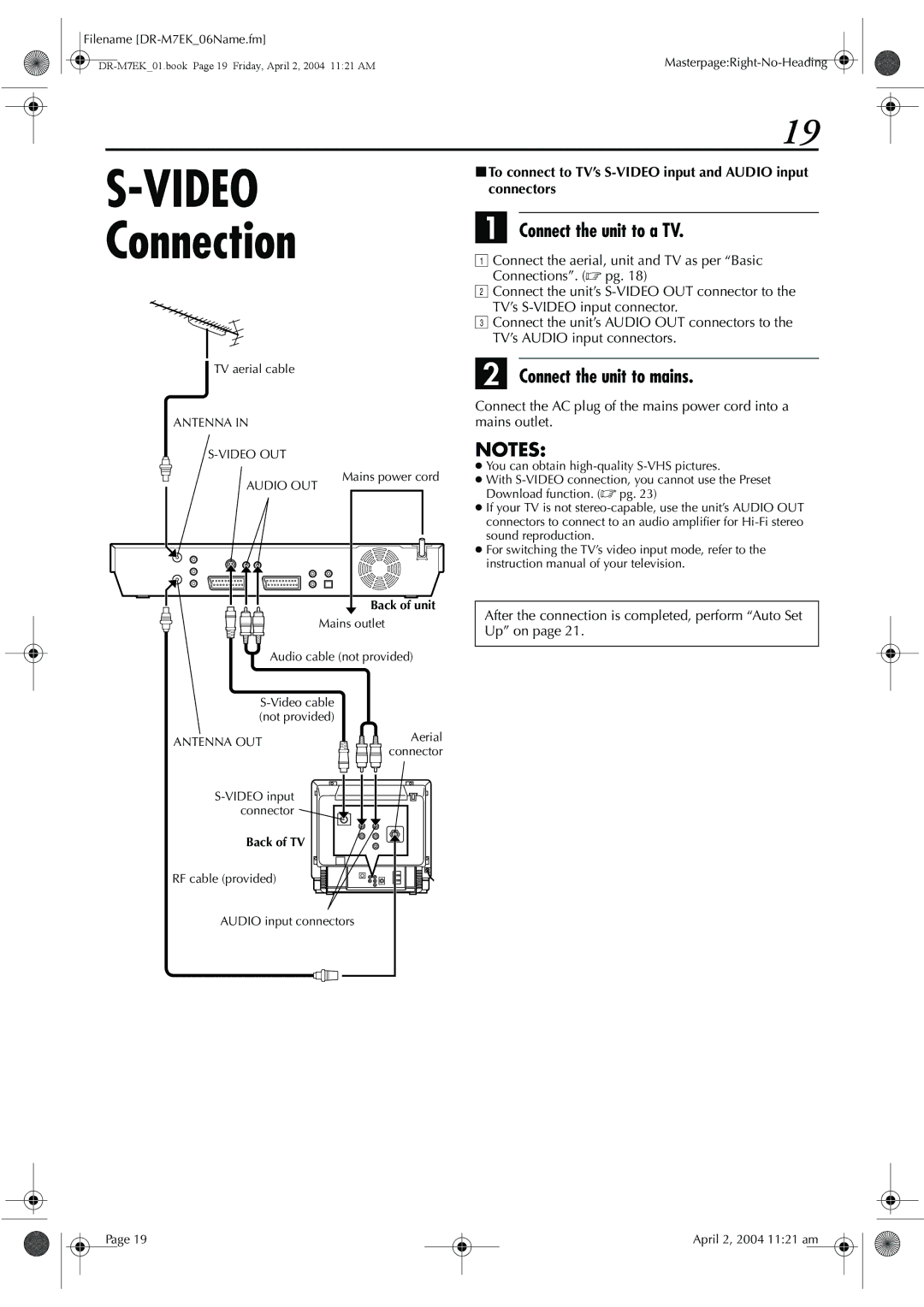 JVC DR-M7S manual After the connection is completed, perform Auto Set Up on, TV aerial cable, Back of unit, Aerial 