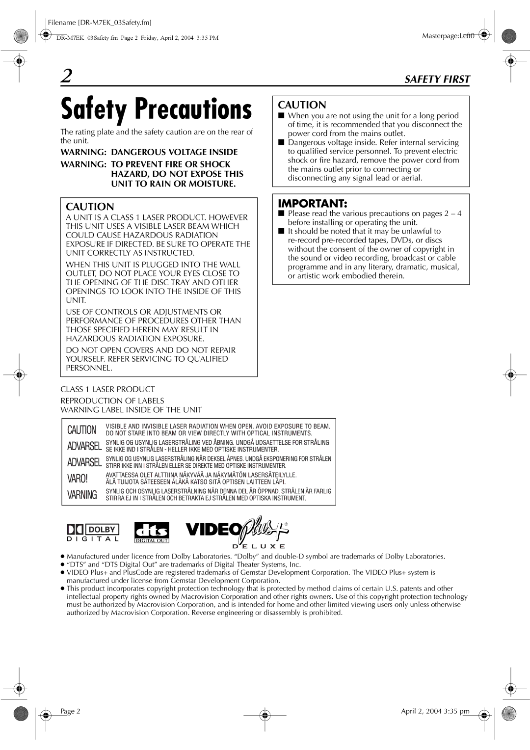 JVC DR-M7S manual Safety Precautions, Filename DR-M7EK03Safety.fm 