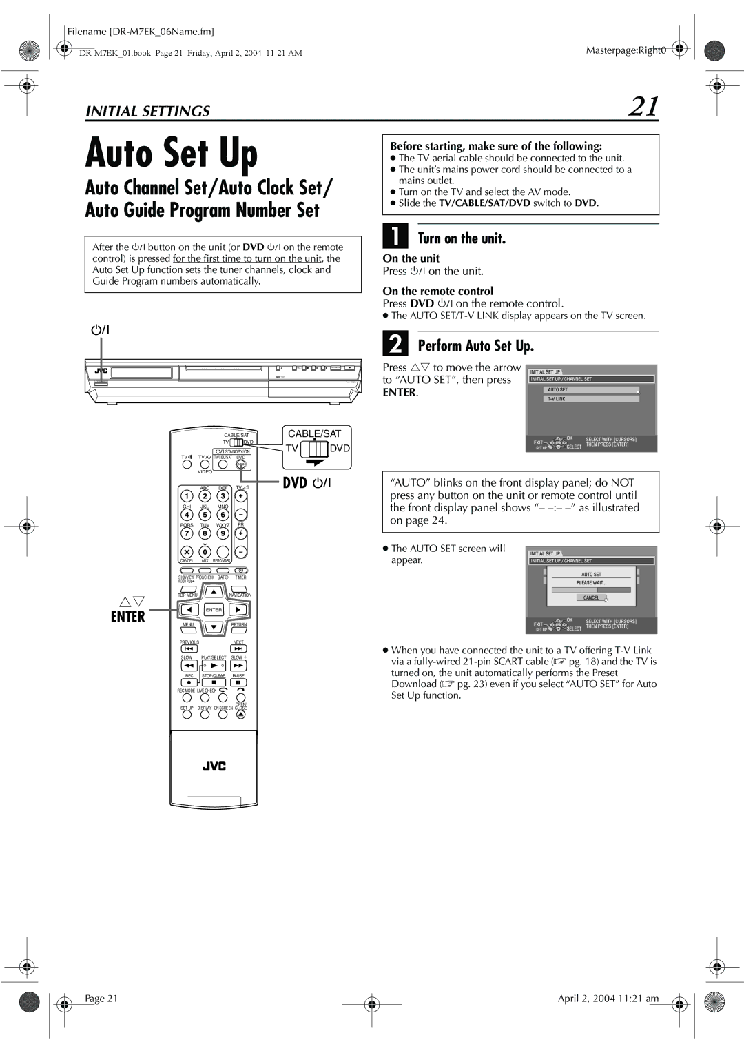 JVC DR-M7S manual Dvd F, Turn on the unit, Perform Auto Set Up 