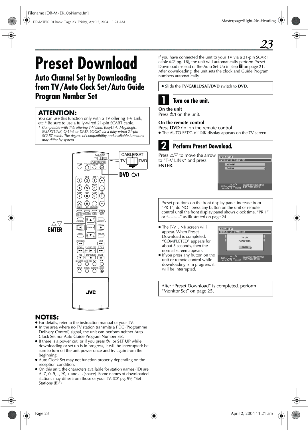 JVC DR-M7S manual Perform Preset Download, Enter, Press rt to move the arrow to T-V Link and press 