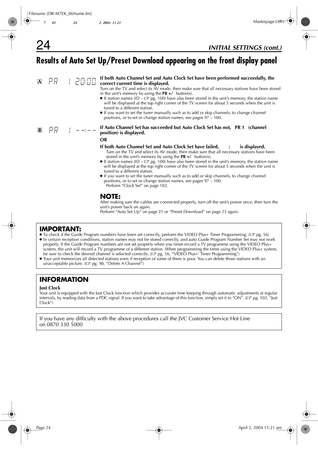 JVC DR-M7S manual Information, Just Clock 