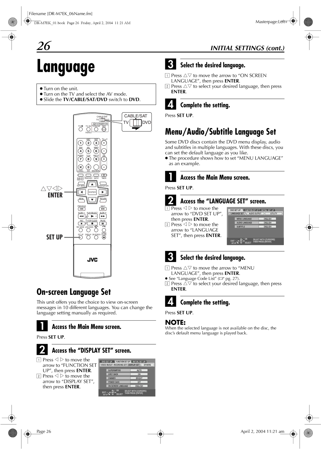 JVC DR-M7S manual Menu/Audio/Subtitle Language Set, On-screen Language Set, Enter SET UP 