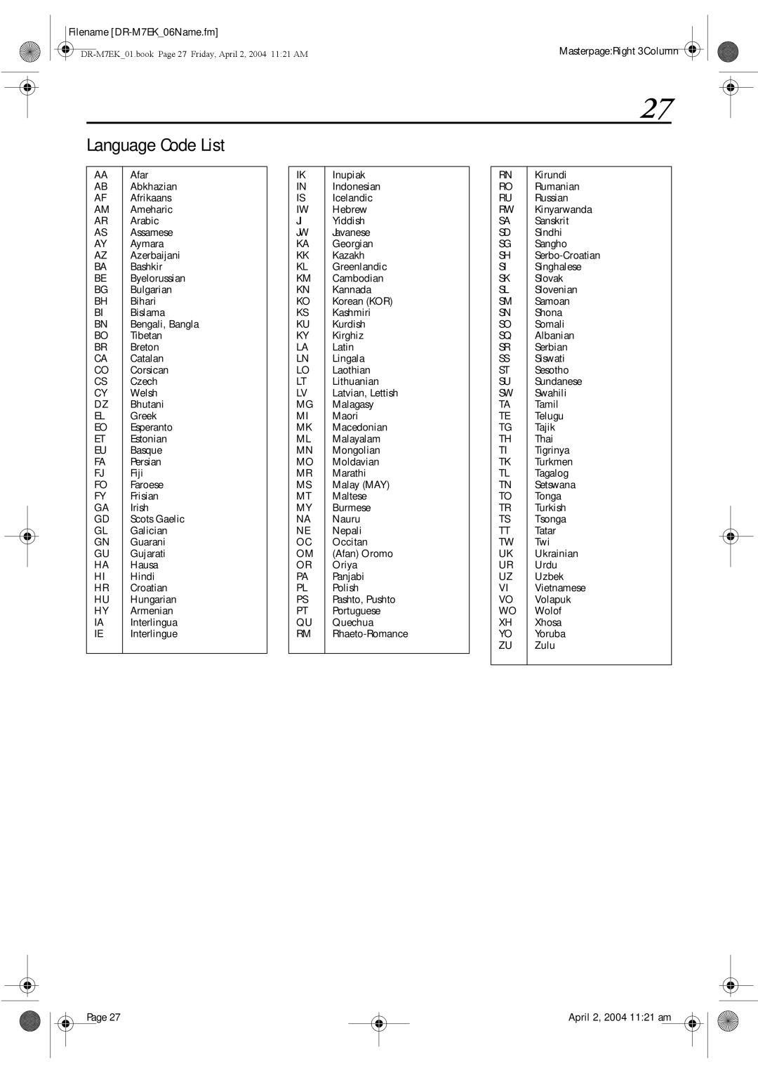 JVC DR-M7S manual Language Code List 