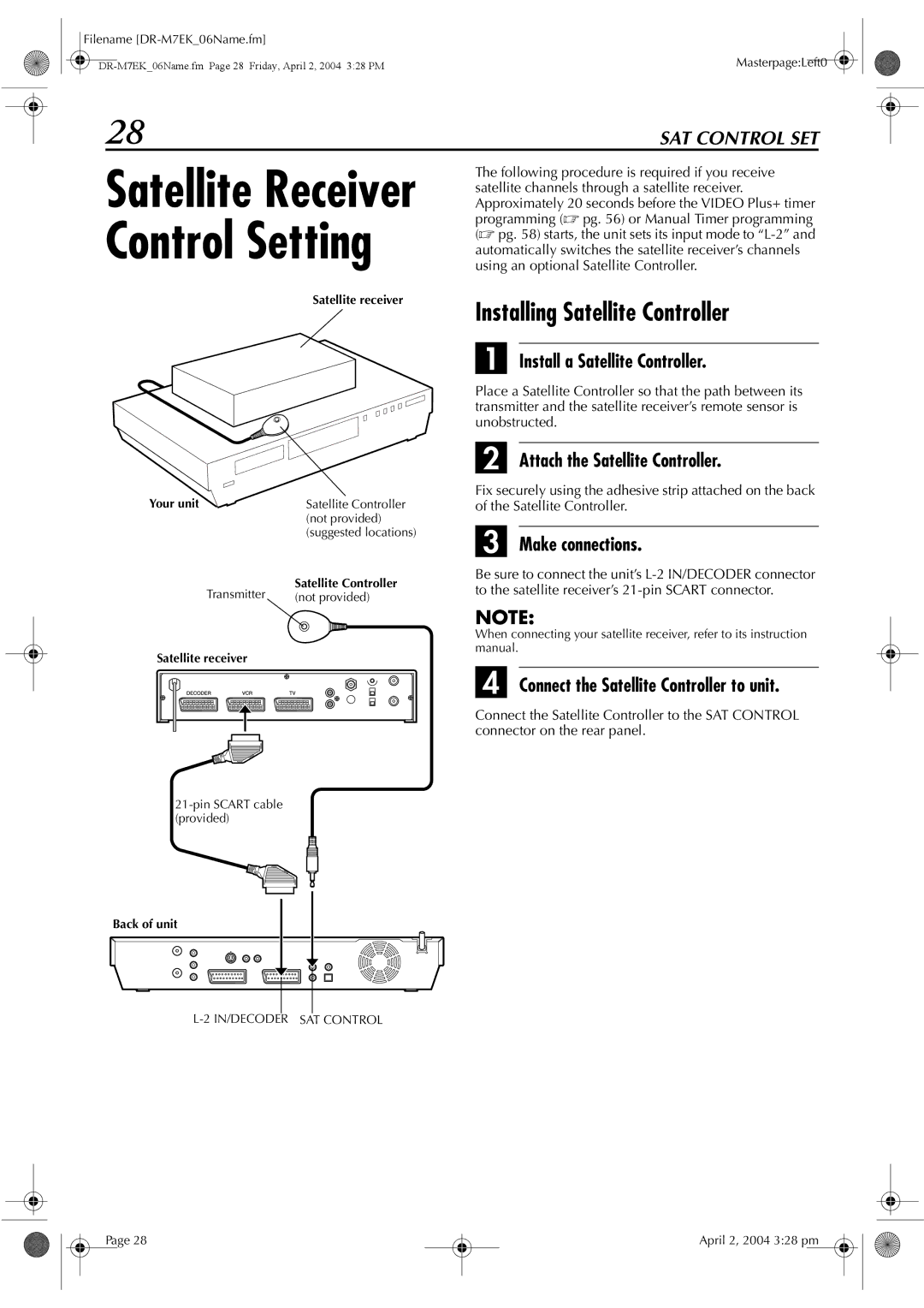 JVC DR-M7S manual Installing Satellite Controller, Install a Satellite Controller, Attach the Satellite Controller 