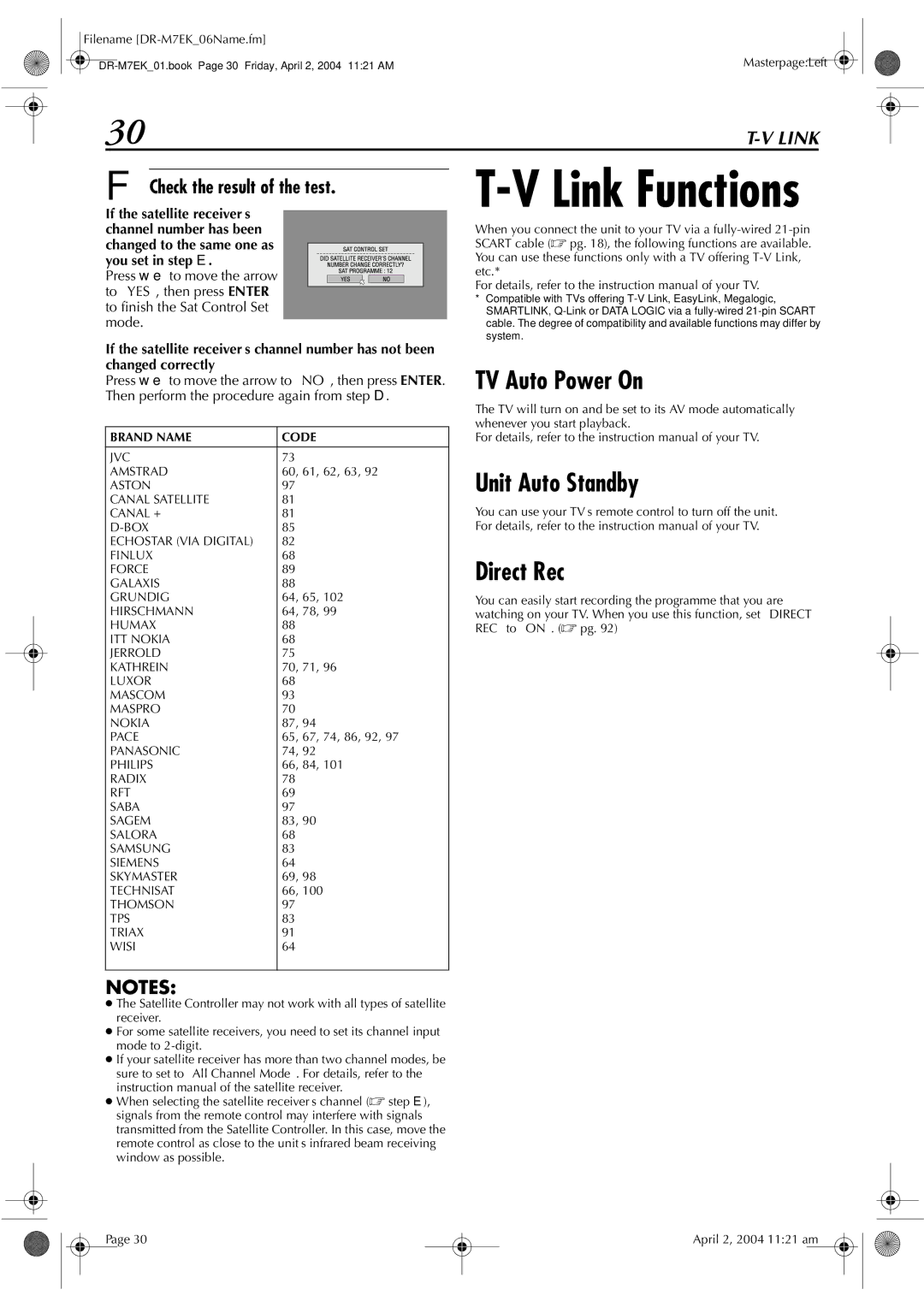 JVC DR-M7S manual TV Auto Power On, Unit Auto Standby Direct Rec, Check the result of the test 