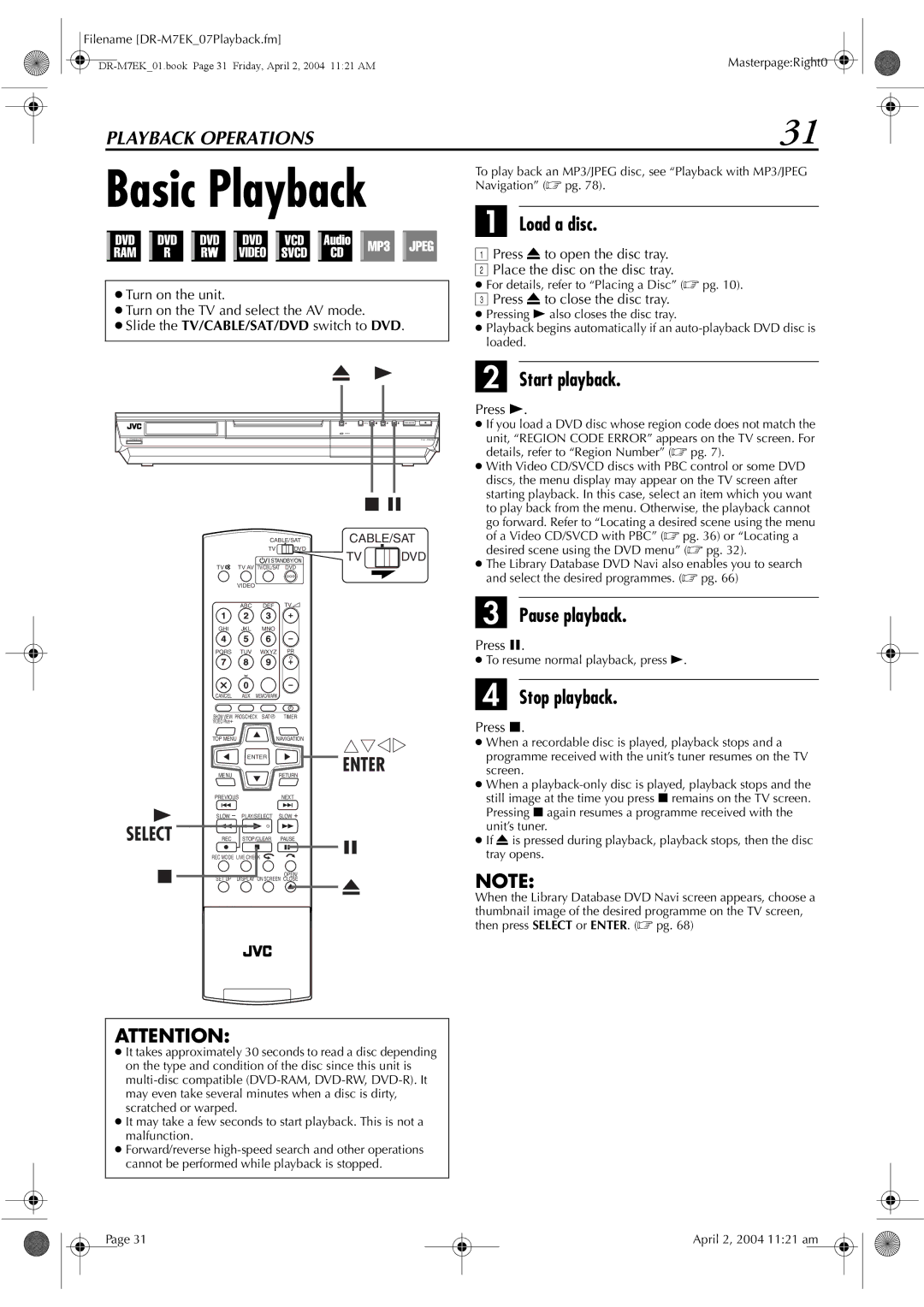 JVC DR-M7S manual Basic Playback, Load a disc, Start playback, Pause playback, Stop playback 