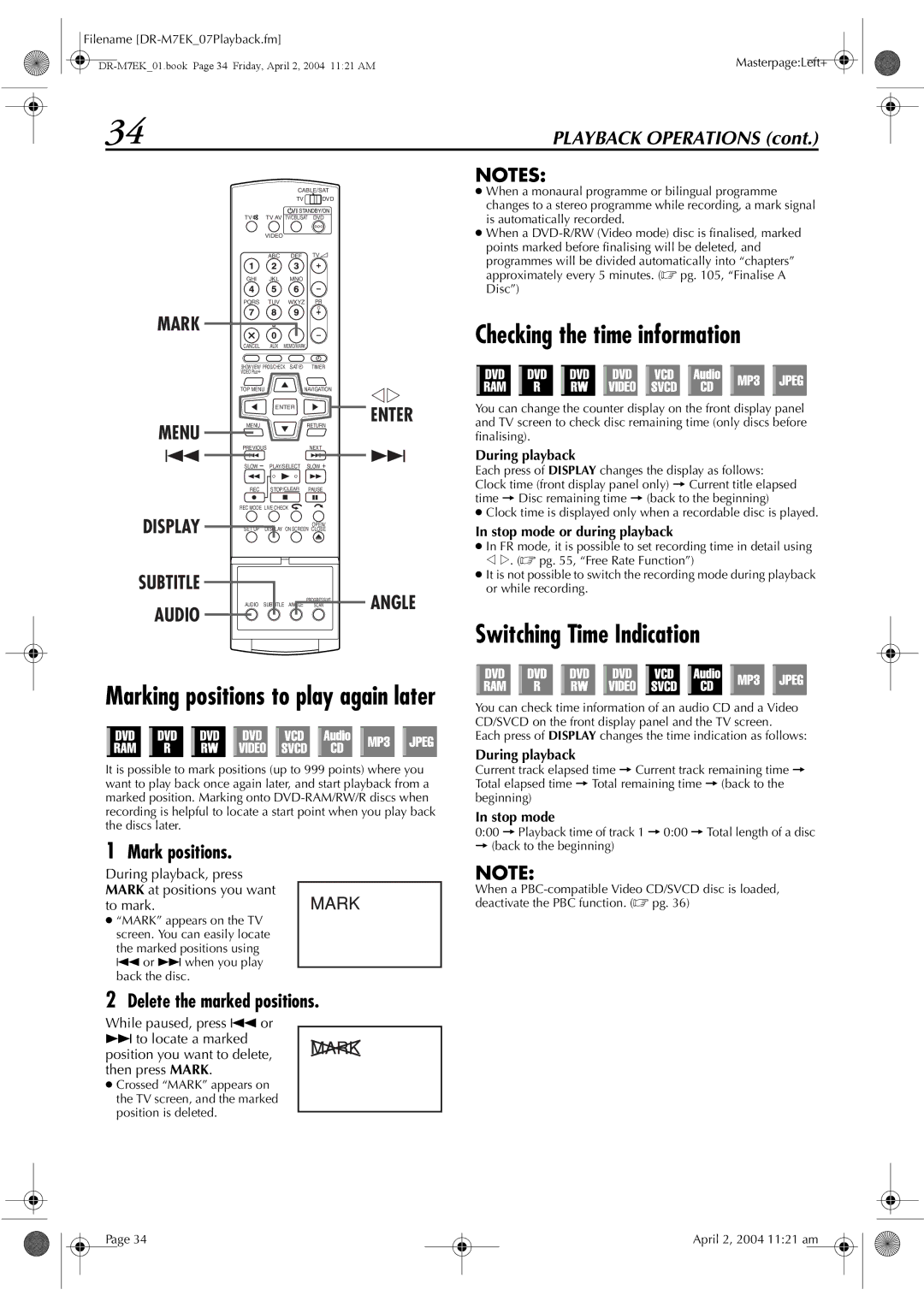 JVC DR-M7S manual Checking the time information, Switching Time Indication, Mark, Audio 