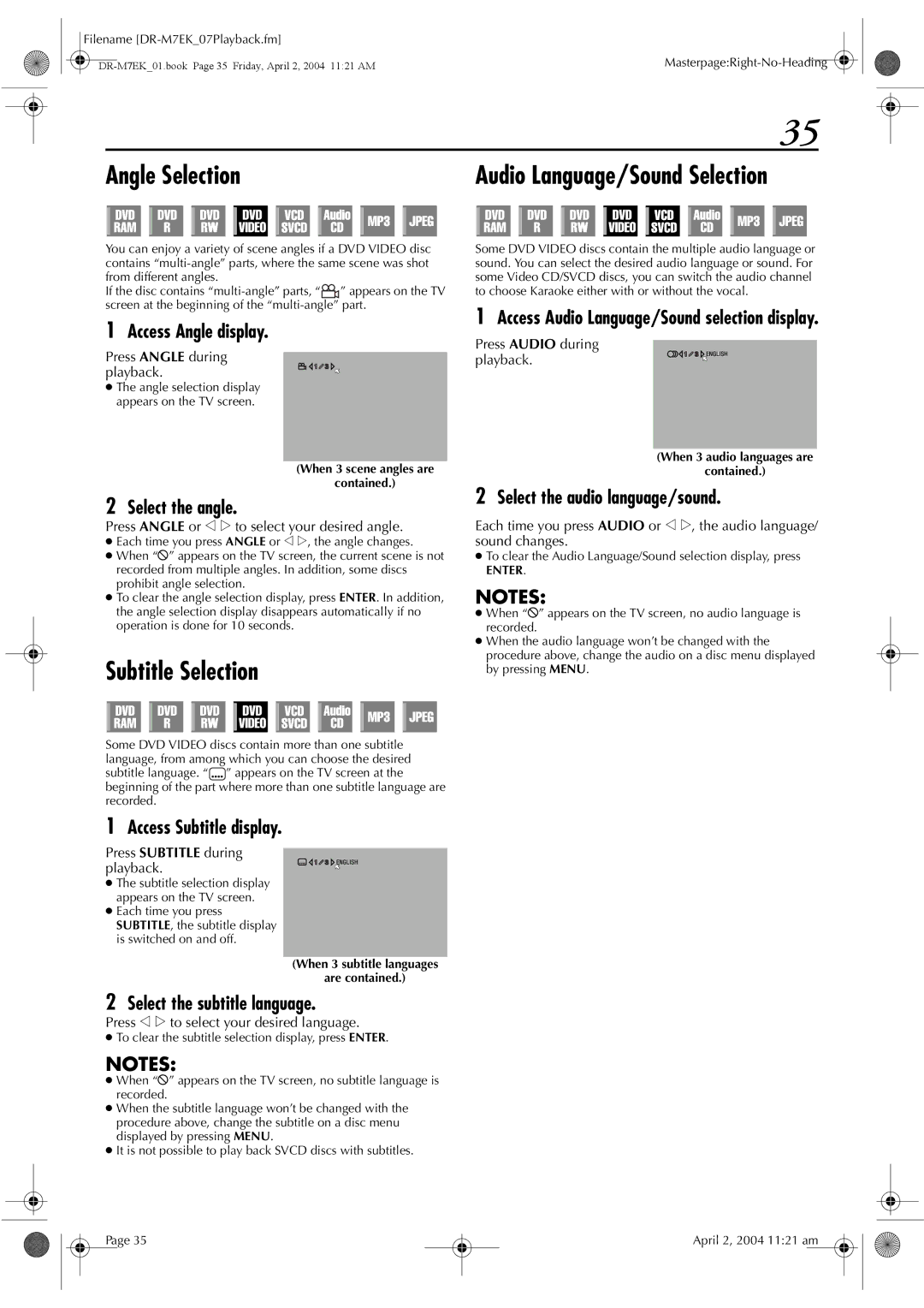 JVC DR-M7S manual Subtitle Selection 