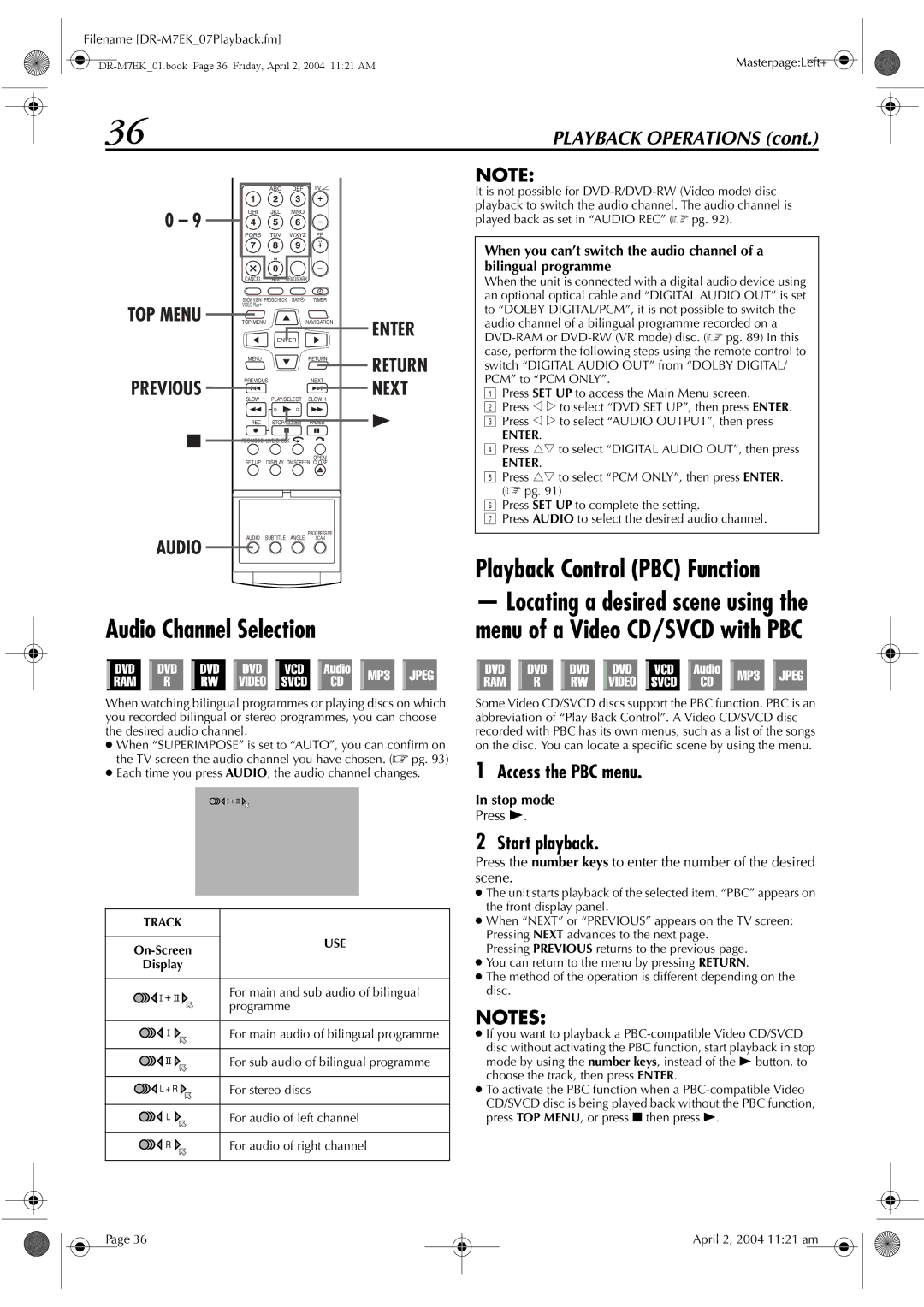 JVC DR-M7S manual Audio Channel Selection, Playback Control PBC Function, Next, Access the PBC menu 