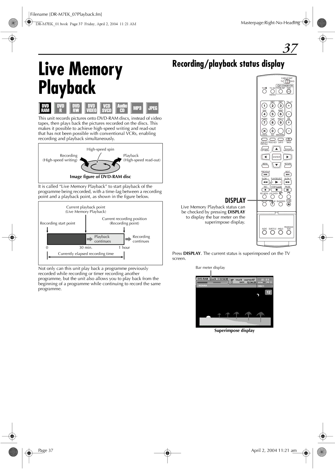 JVC DR-M7S manual Live Memory Playback, Recording/playback status display, Display, Image figure of DVD-RAM disc 