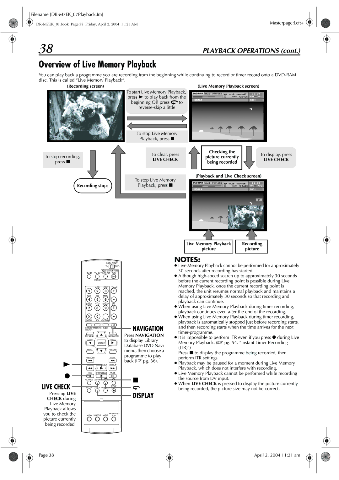 JVC DR-M7S manual Overview of Live Memory Playback, Live Check 