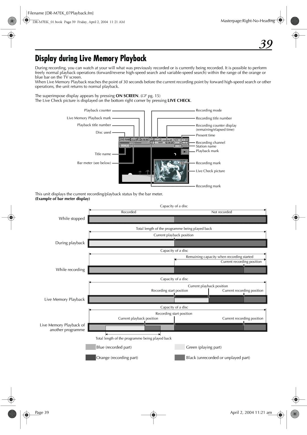 JVC DR-M7S manual Display during Live Memory Playback, Example of bar meter display 