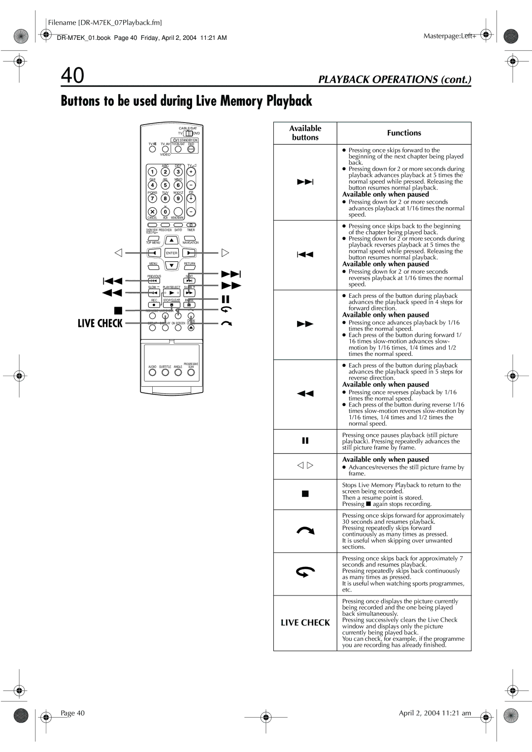 JVC DR-M7S manual Buttons to be used during Live Memory Playback, Available only when paused 