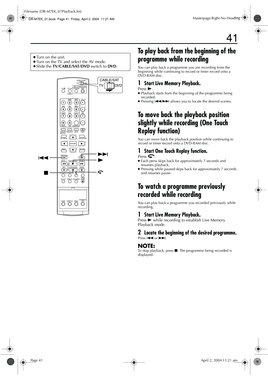 JVC DR-M7S Start Live Memory Playback, Start One Touch Replay function, Locate the beginning of the desired programme 