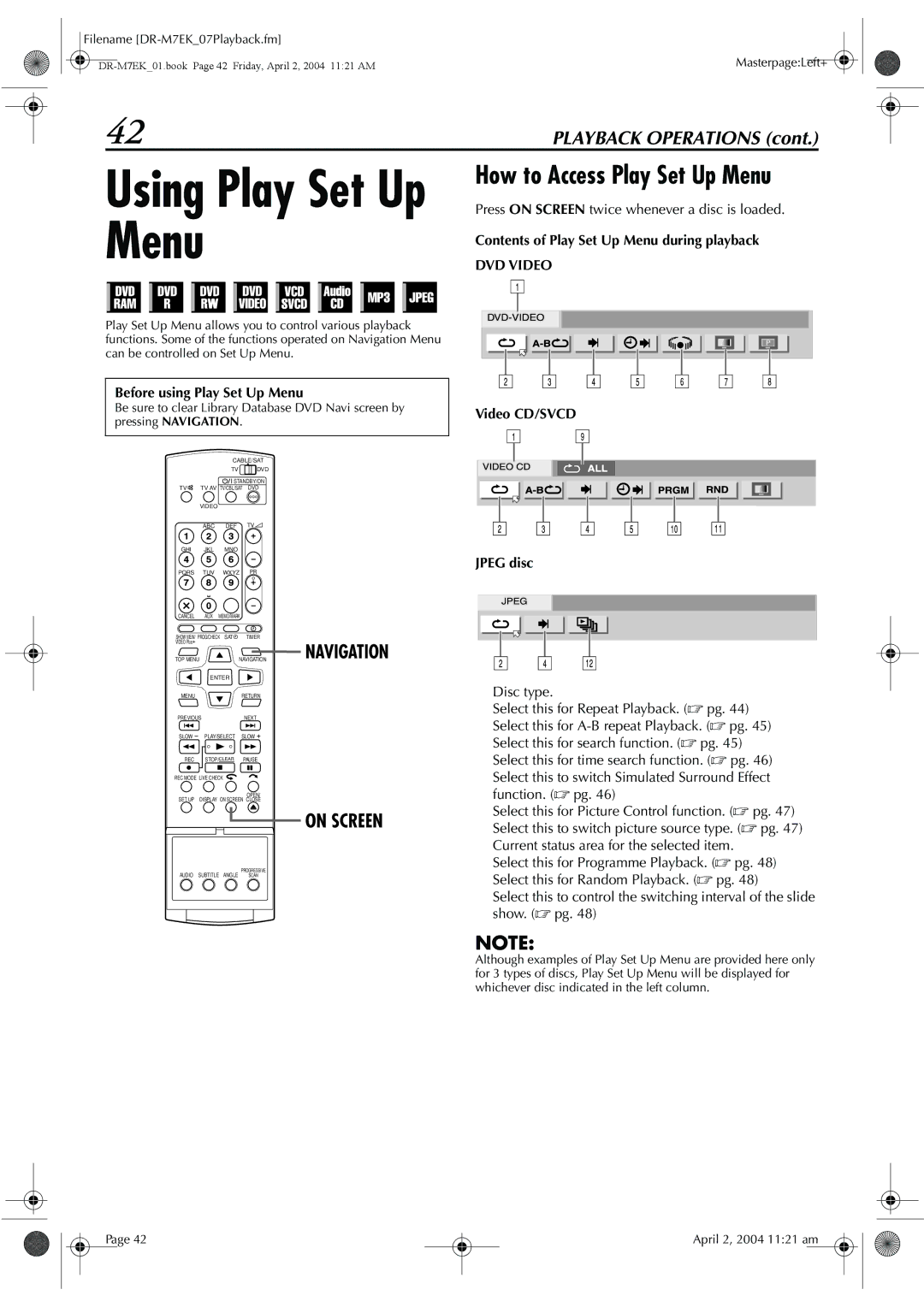 JVC DR-M7S manual Using Play Set Up Menu, How to Access Play Set Up Menu, Contents of Play Set Up Menu during playback 