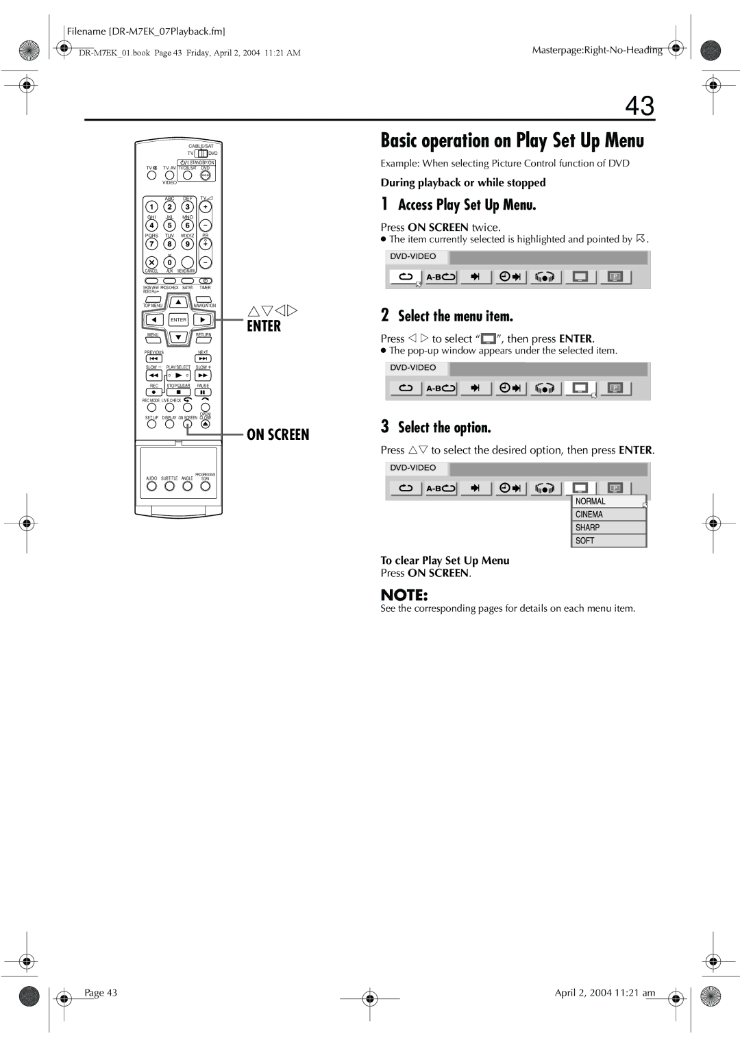 JVC DR-M7S manual Basic operation on Play Set Up Menu, Access Play Set Up Menu, Select the menu item, On Screen 