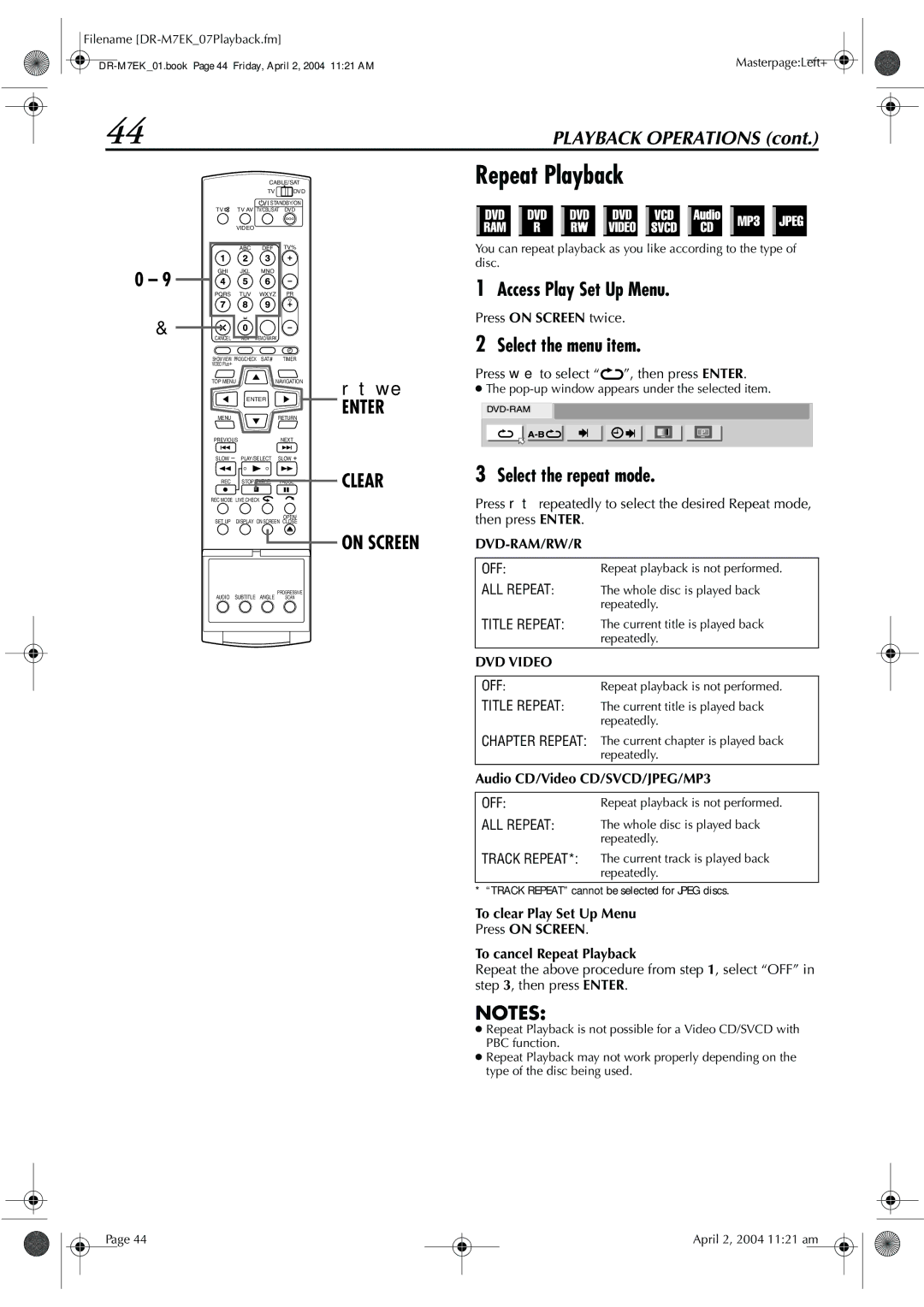 JVC DR-M7S manual Repeat Playback, Enter Clear On Screen, Select the repeat mode, Audio CD/Video CD/SVCD/JPEG/MP3 