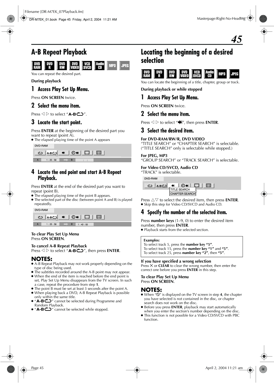 JVC DR-M7S Selection, Locate the start point, Locate the end point and start A-B Repeat Playback, Select the desired item 