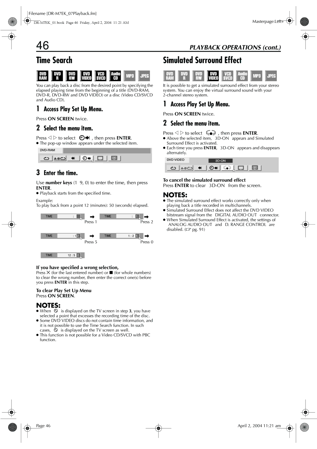 JVC DR-M7S Enter the time, Use number keys 1-9, 0 to enter the time, then press, To cancel the simulated surround effect 