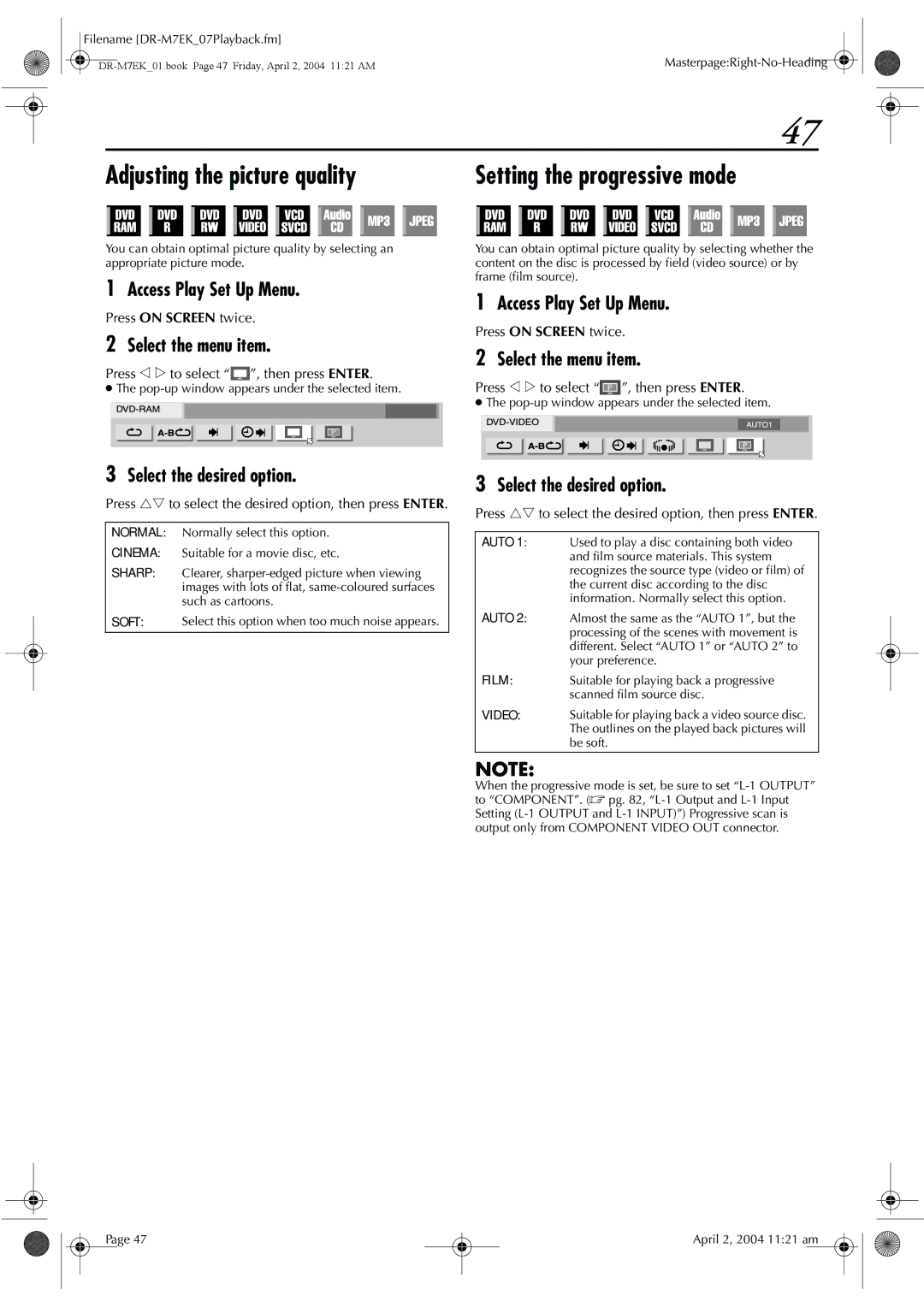 JVC DR-M7S manual Adjusting the picture quality Setting the progressive mode, Pop-up window appears under the selected item 