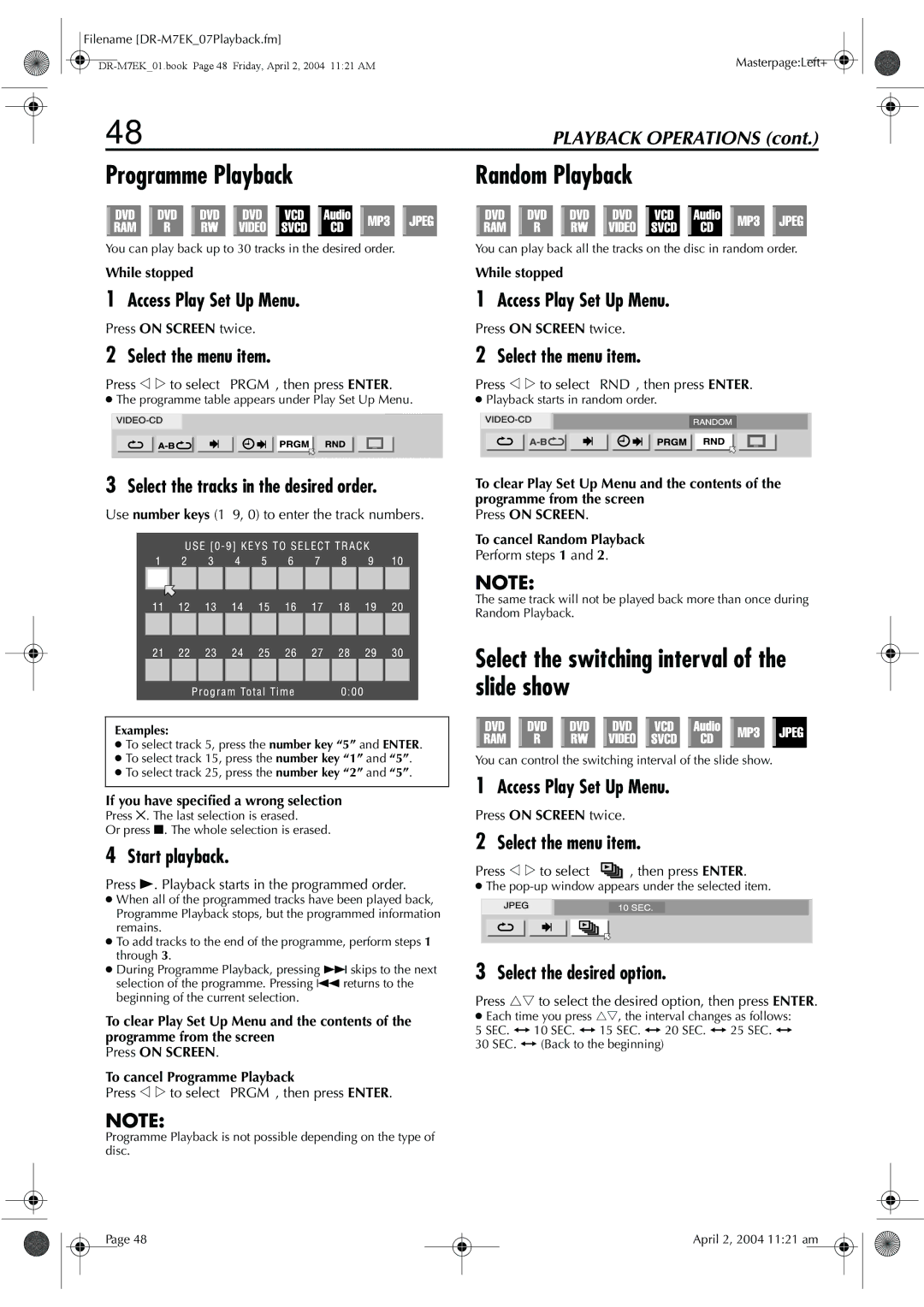 JVC DR-M7S manual Programme Playback Random Playback, Select the switching interval of the slide show, While stopped 