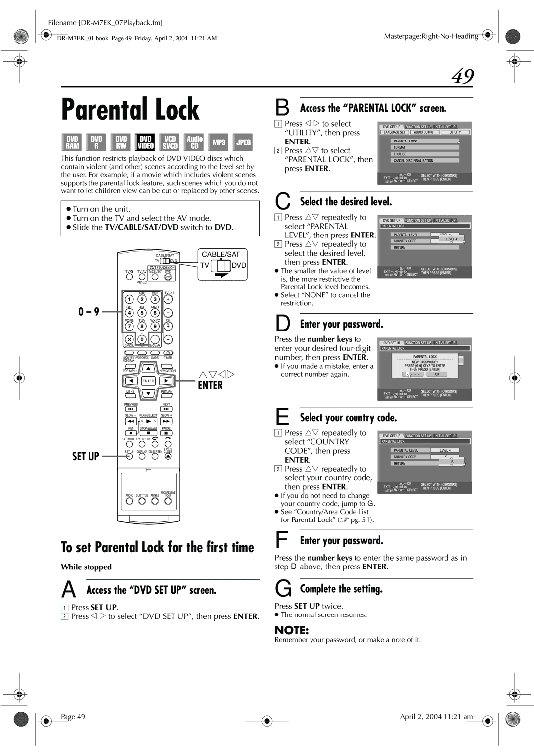 JVC DR-M7S manual To set Parental Lock for the first time 