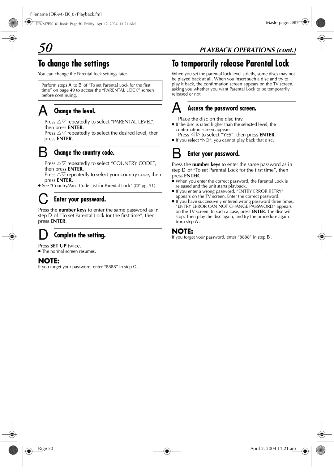 JVC DR-M7S manual To change the settings, To temporarily release Parental Lock, Change the level, Change the country code 