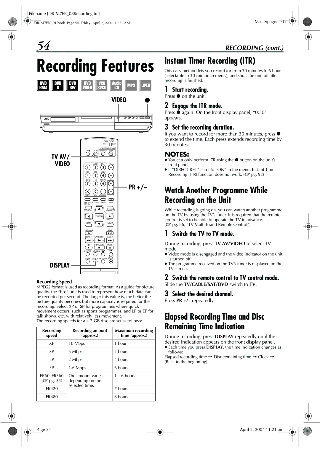 JVC DR-M7S manual Instant Timer Recording ITR, Elapsed Recording Time and Disc Remaining Time Indication, Tv Av, Video 