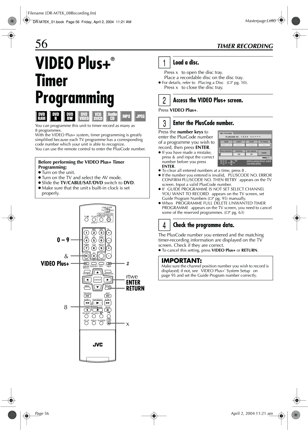 JVC DR-M7S manual Video Plus+ Timer Programming, Access the Video Plus+ screen, Enter the PlusCode number 