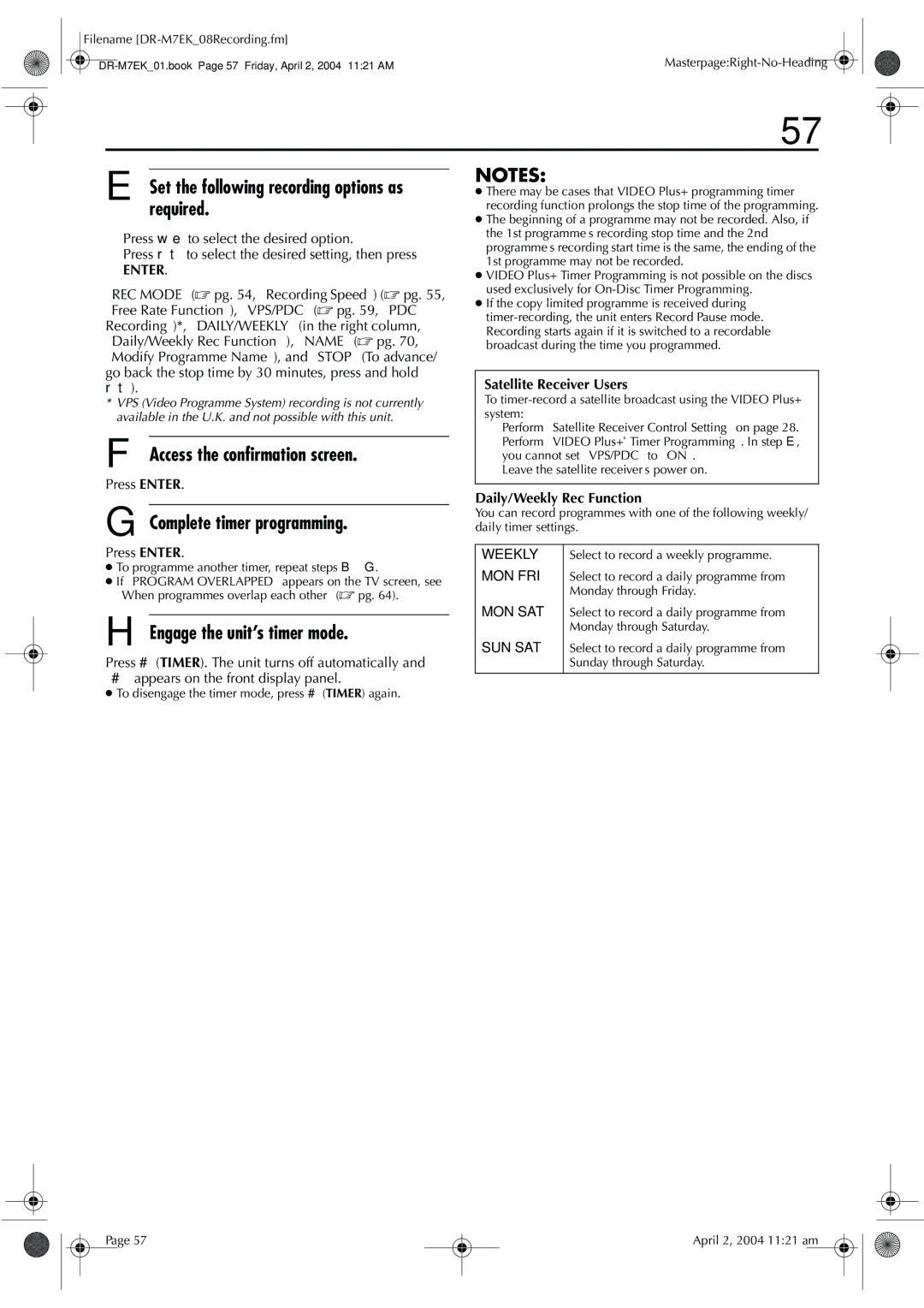 JVC DR-M7S Set the following recording options as required, Access the confirmation screen, Complete timer programming 