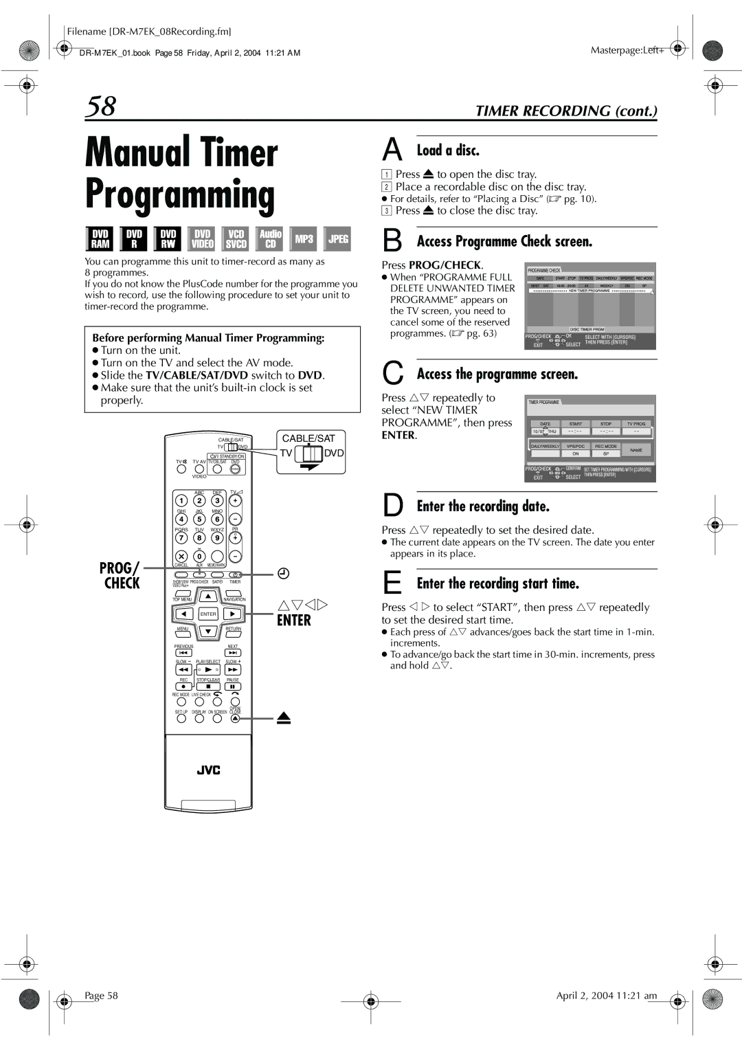 JVC DR-M7S manual Manual Timer Programming, Check 