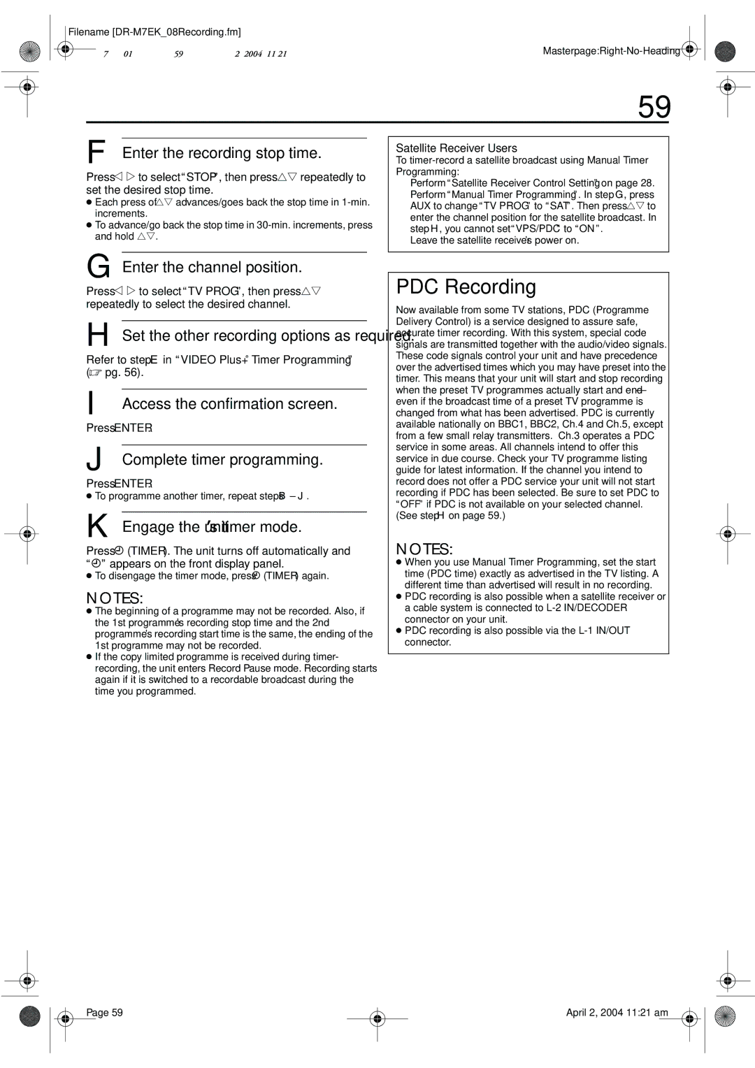 JVC DR-M7S manual PDC Recording, Enter the recording stop time, Enter the channel position 