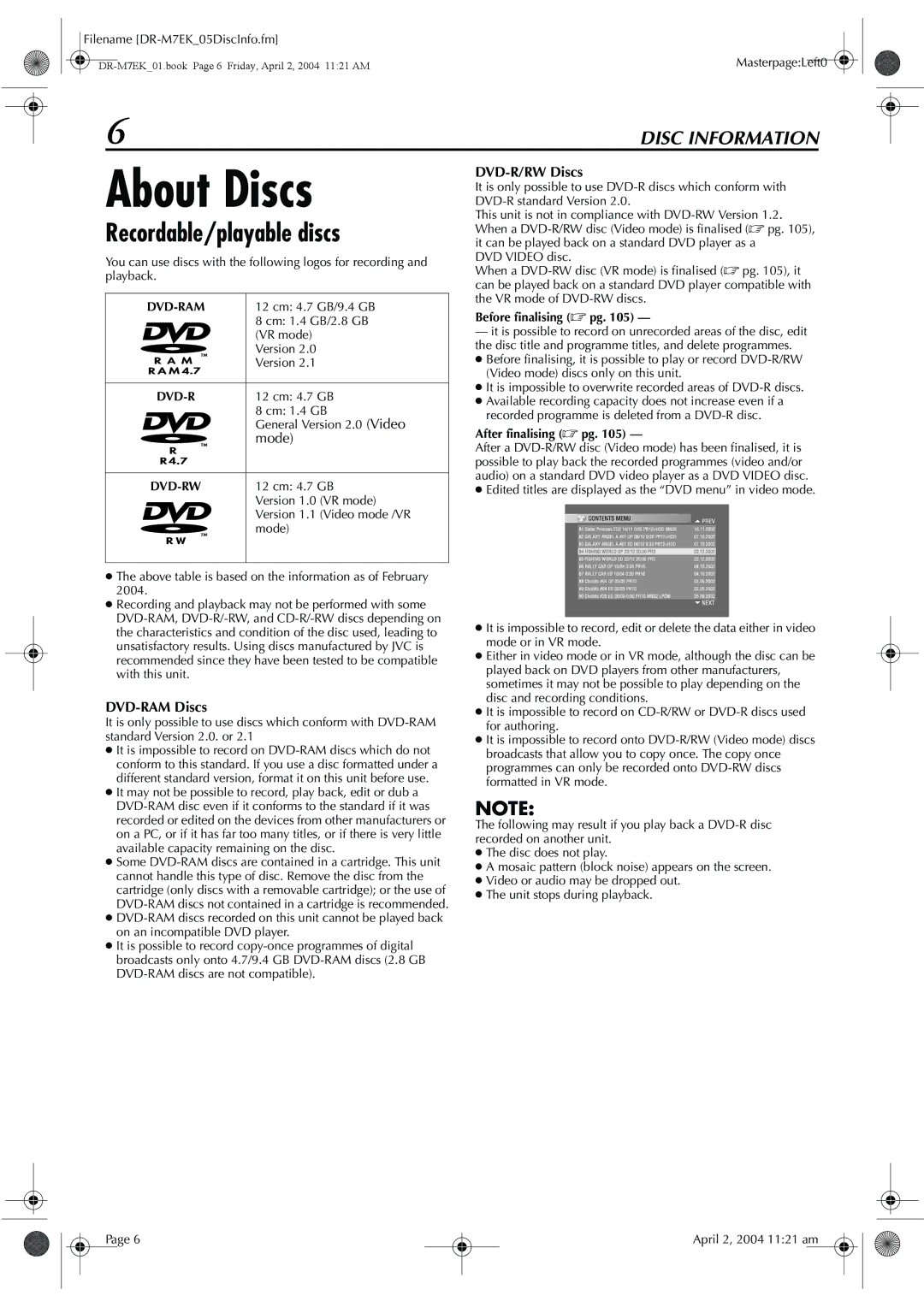 JVC DR-M7S manual About Discs, Recordable/playable discs, Mode, DVD-RAM Discs, DVD-R/RW Discs 