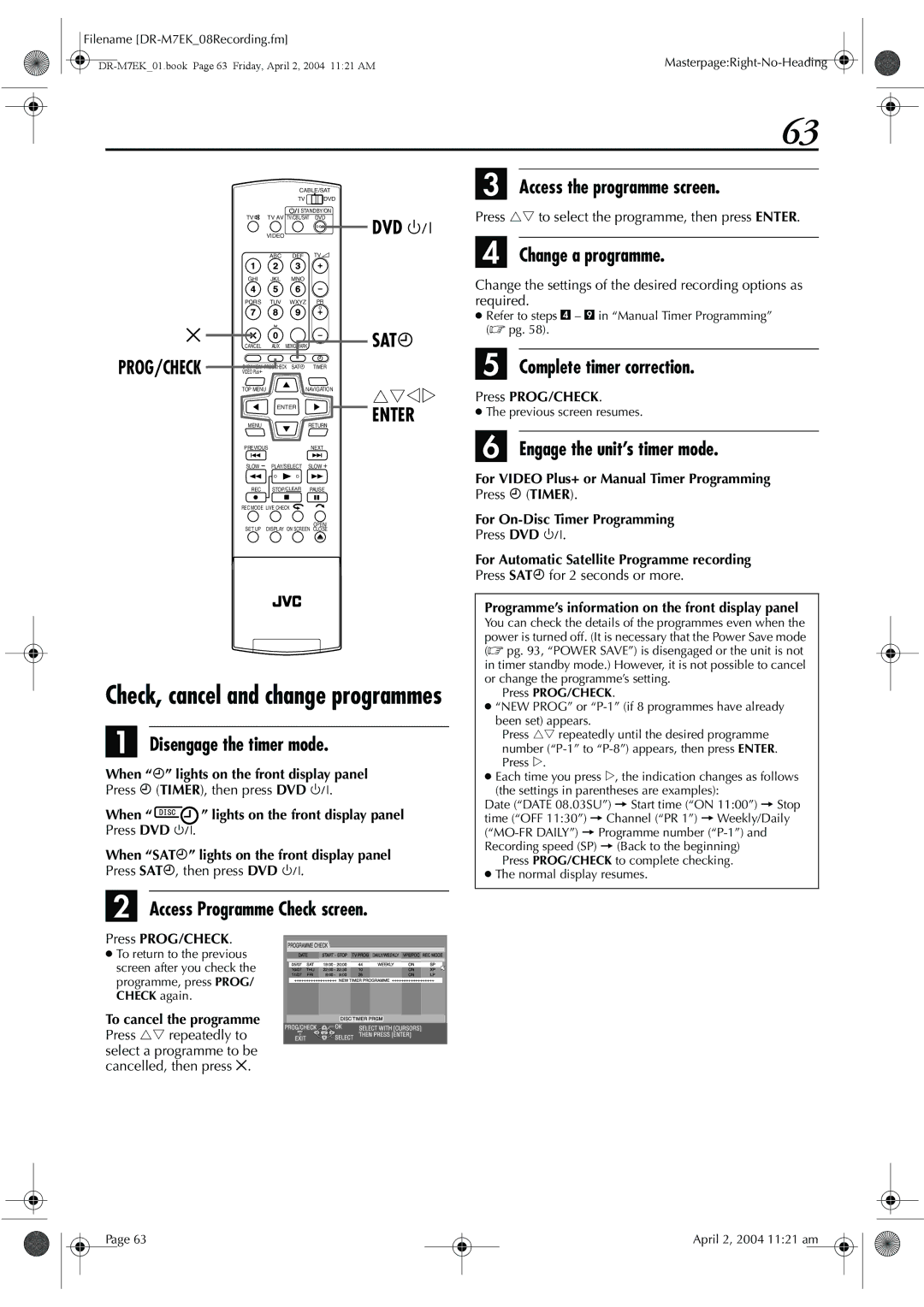 JVC DR-M7S manual Check, cancel and change programmes, Sat# 