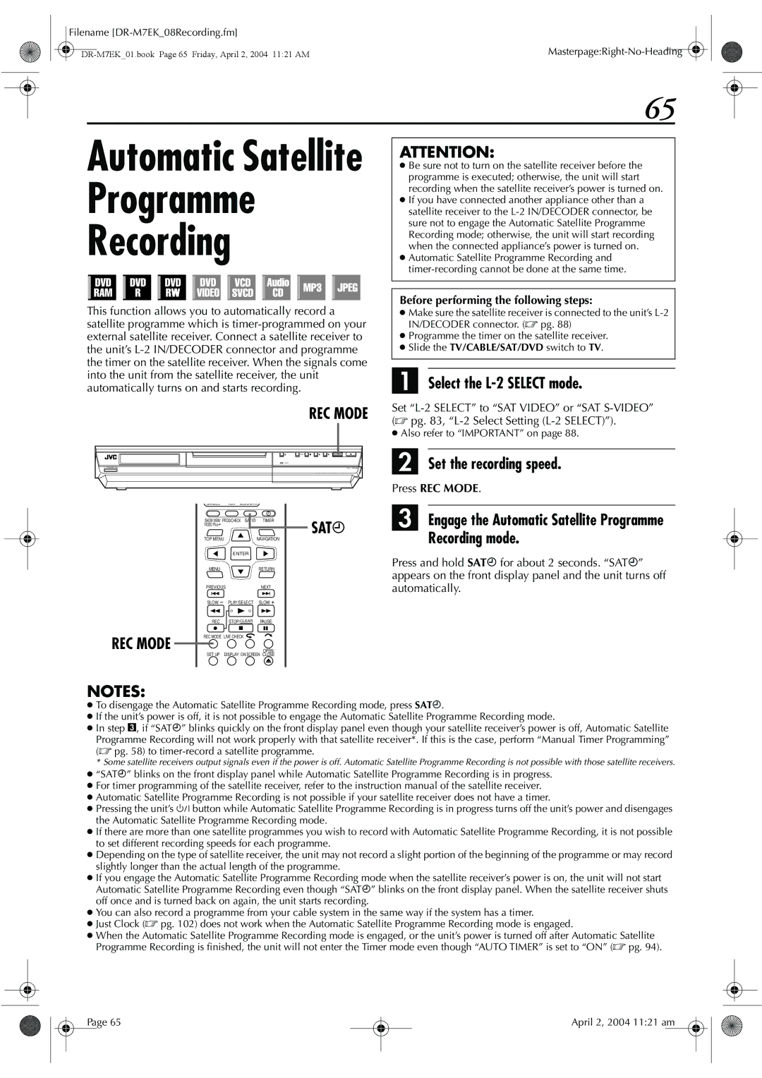 JVC DR-M7S manual Programme Recording, Select the L-2 Select mode, Recording mode, REC Mode 