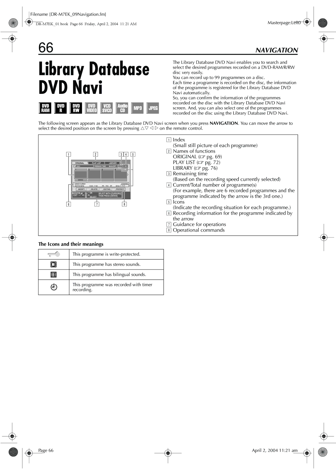 JVC DR-M7S Arrow Guidance for operations H Operational commands, Icons and their meanings, Filename DR-M7EK09Navigation.fm 