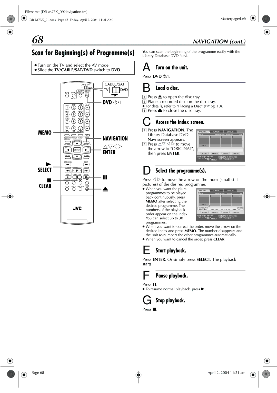 JVC DR-M7S manual Scan for Beginnings of Programmes, Access the Index screen, Select the programmes 