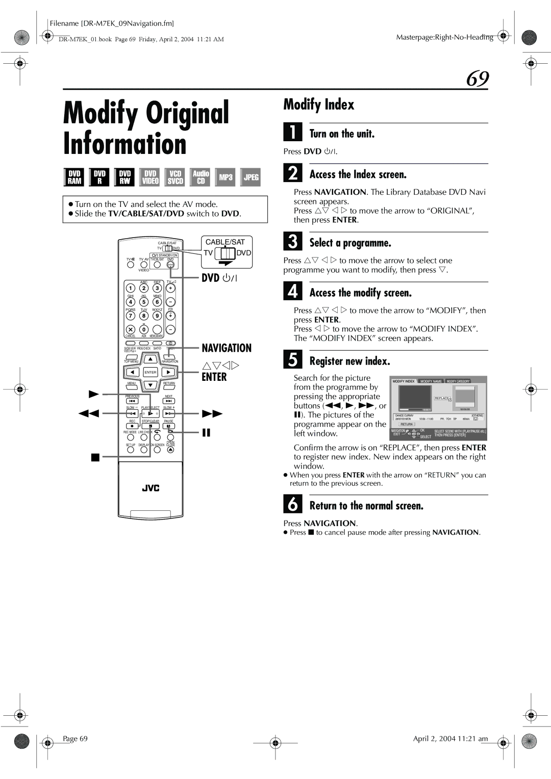 JVC DR-M7S Modify Index, Select a programme, Access the modify screen, Register new index, Return to the normal screen 