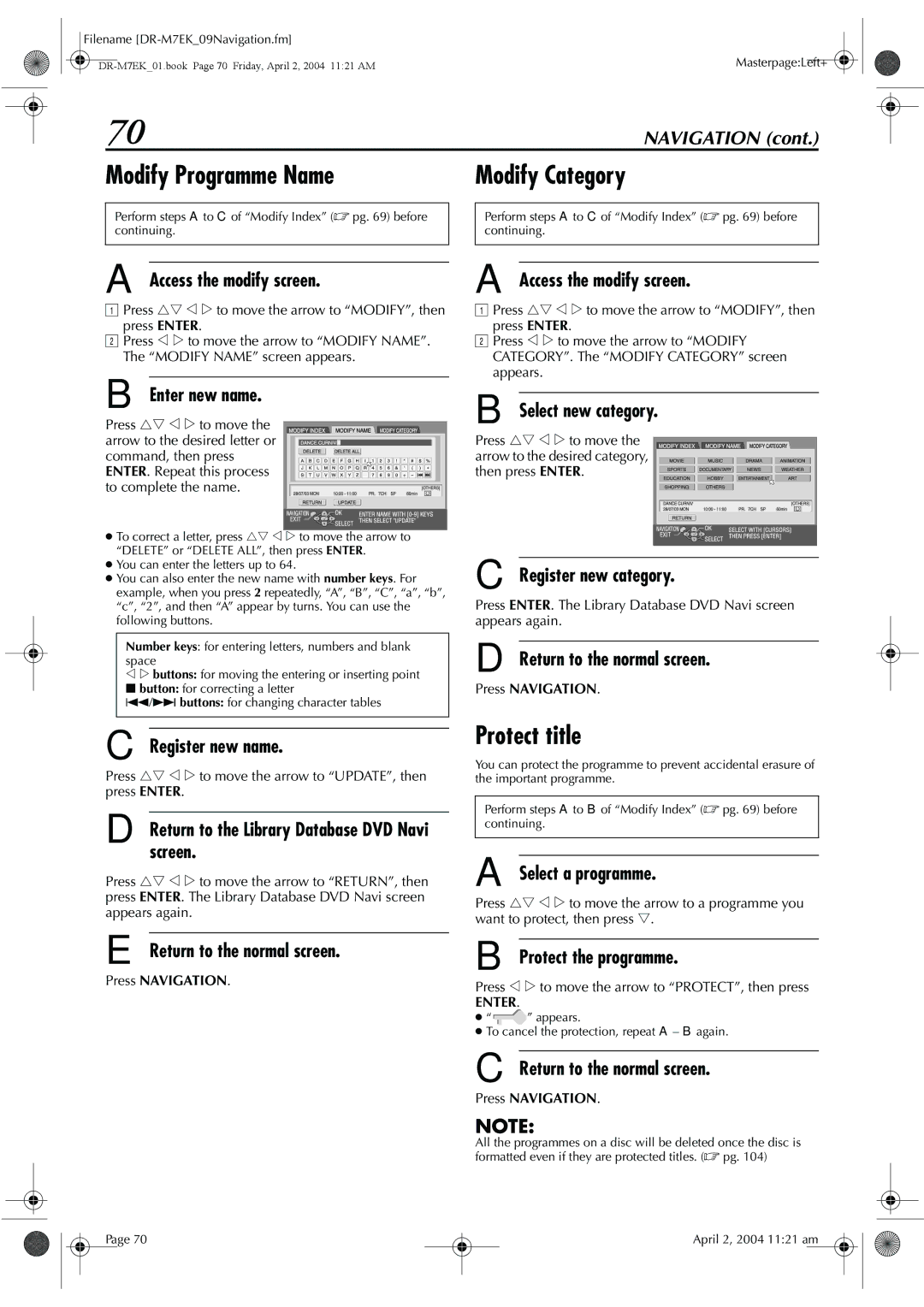 JVC DR-M7S manual Modify Programme Name Modify Category, Protect title 