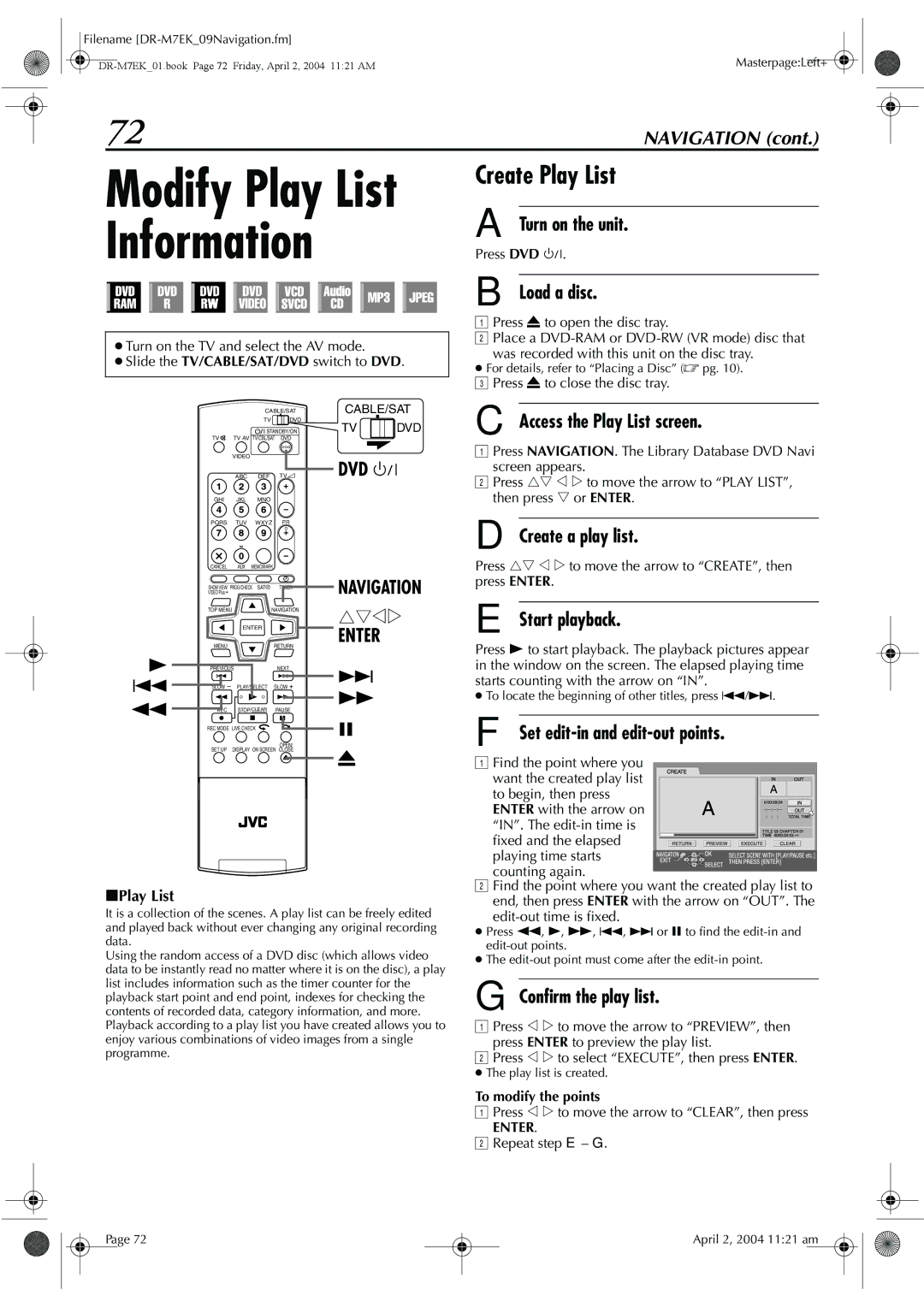 JVC DR-M7S manual Create Play List, Access the Play List screen, Create a play list, Confirm the play list 