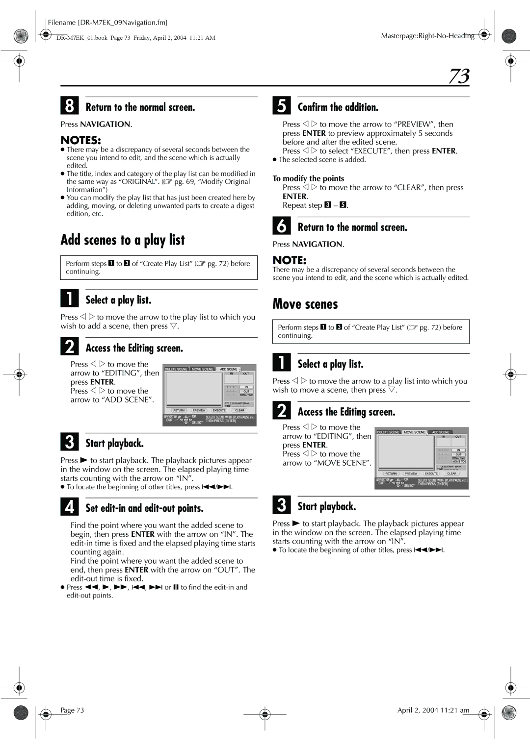 JVC DR-M7S Add scenes to a play list, Move scenes, Confirm the addition, Select a play list, Access the Editing screen 