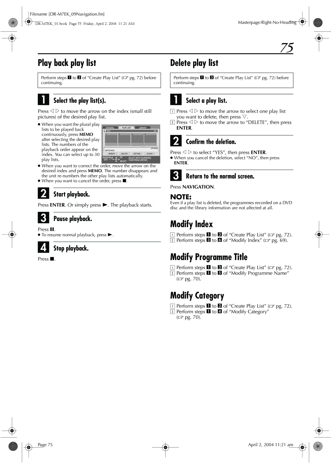 JVC DR-M7S manual Play back play list, Modify Programme Title, Delete play list, Select the play lists 