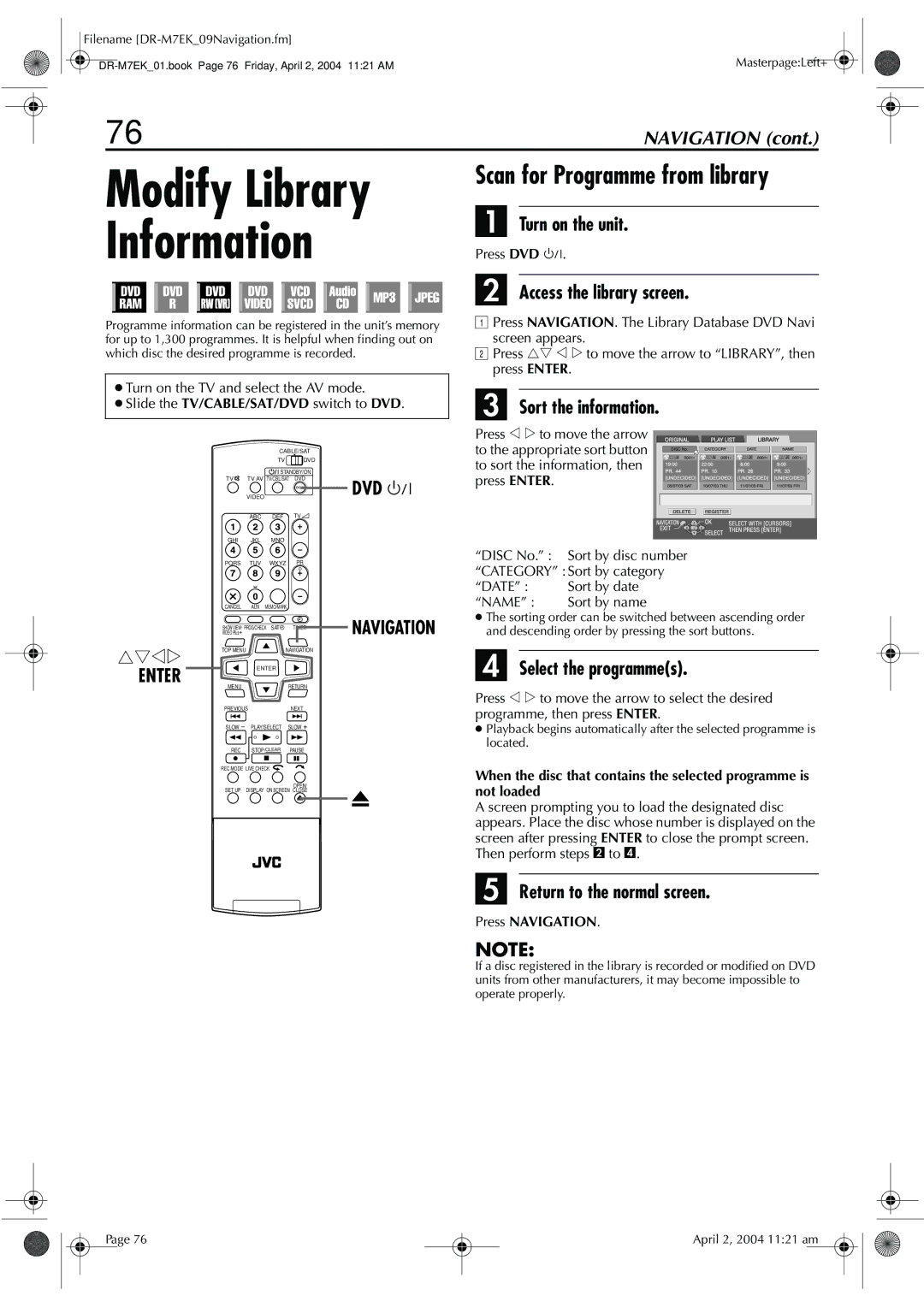 JVC DR-M7S manual Scan for Programme from library, Access the library screen, Sort the information 