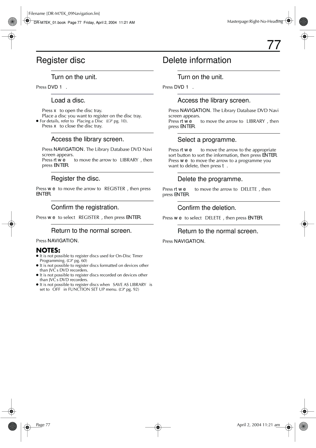 JVC DR-M7S manual Register disc Delete information, Register the disc, Confirm the registration, Delete the programme 