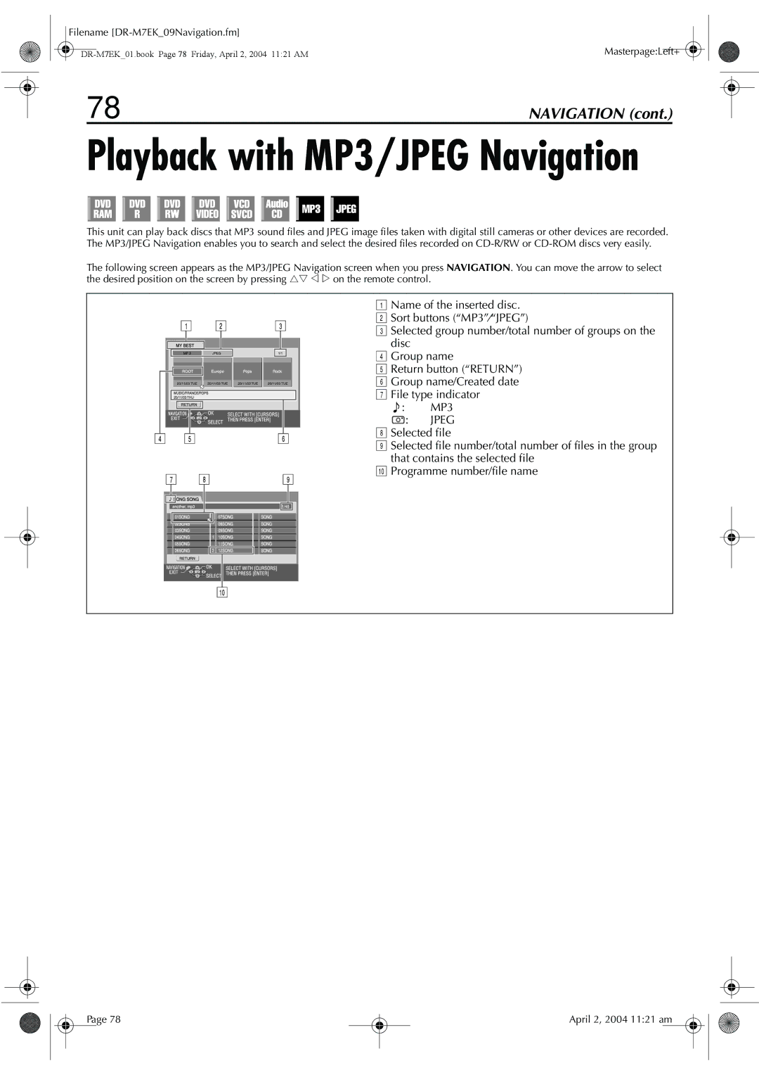 JVC DR-M7S manual Playback with MP3/JPEG Navigation 