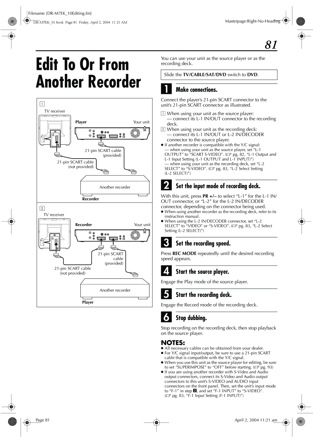 JVC DR-M7S manual Set the input mode of recording deck, Start the source player, Start the recording deck 